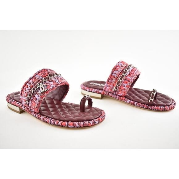 Chanel 20S Red Purple Raffia Tweed CC Chain Logo Mule Slide Strap Flat Sandal 36 - Picture 2 of 12